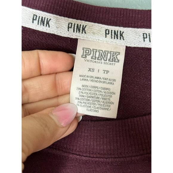 Victoria's Secret PINK Women's XS LS Crewneck Maroon White Logo Pullover Sweatsh - Picture 4 of 6